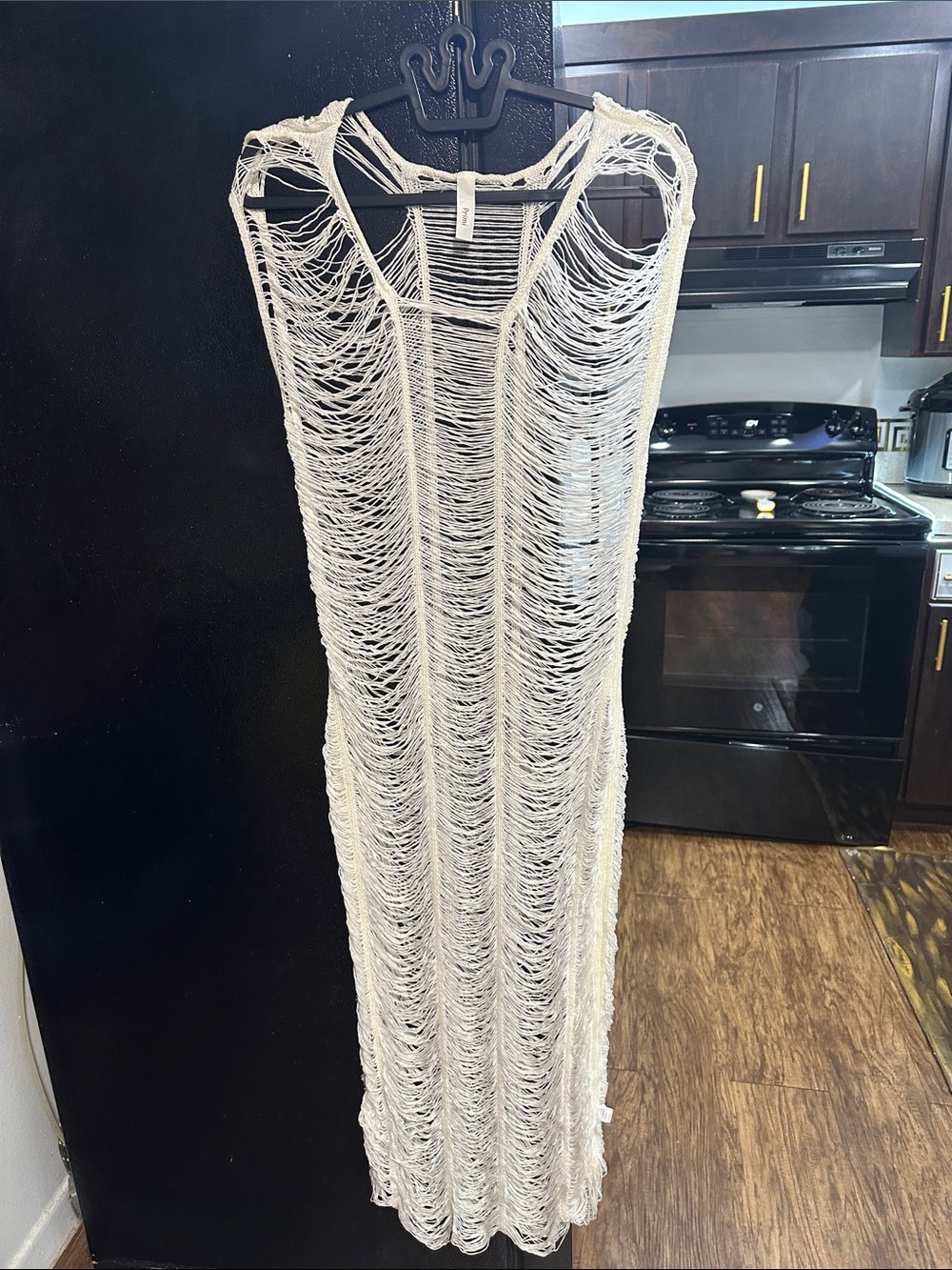 Sheer White Fringe Knit Maxi Dress